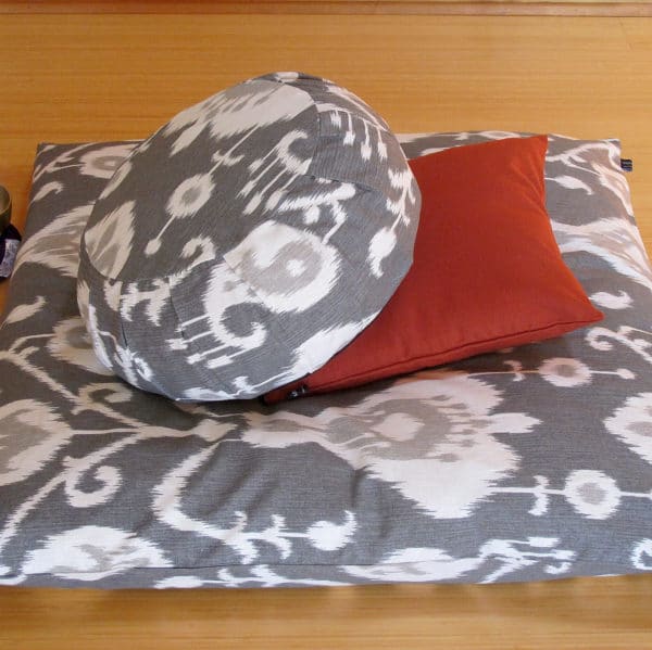 meditation cushion set in grey ikat with terra cotta support meditation cushion, includes zafu and zabuton