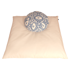 Meditation cushion set with zafu and zabuton in pattern zafu and natural cream color zabuton
