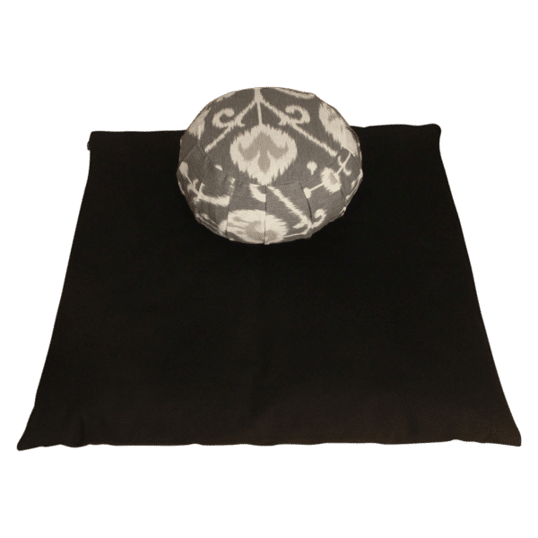 Meditation cushion set with two meditation cushions, zafu and zabuton in Grey ikat and black