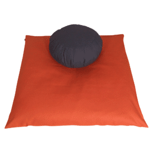 Slate and Terra Cotta Meditation Set, two meditation cushions, slate blue zafu and terra cotta zabuton
