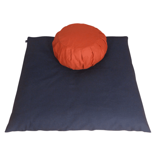 Natural and Ocean Coral meditation cushion set, meditation cushion set with zafu and zabuton in Terra Cotta and Slate Blue