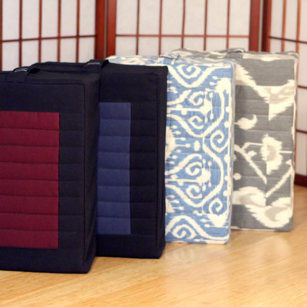 Variety of Tibetan Seat meditation cushions, patterns and solid colors, firm foam meditation cushions in gomden style