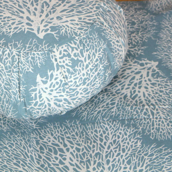 Ocean Coral design meditation cushion set, meditation set with zafu and zabuton, close up