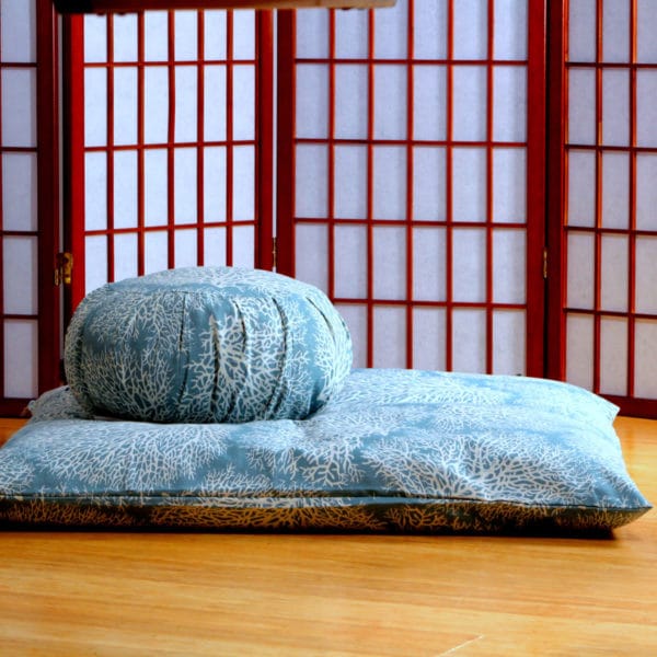 Still Sitting meditation cushion set with zabuton and zafu in ocean coral pattern