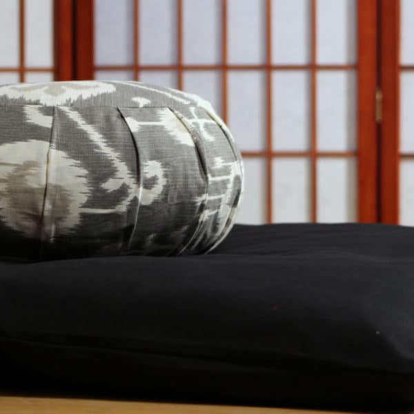 Thick zabuton meditation cushion with grey ikat zafu meditation space